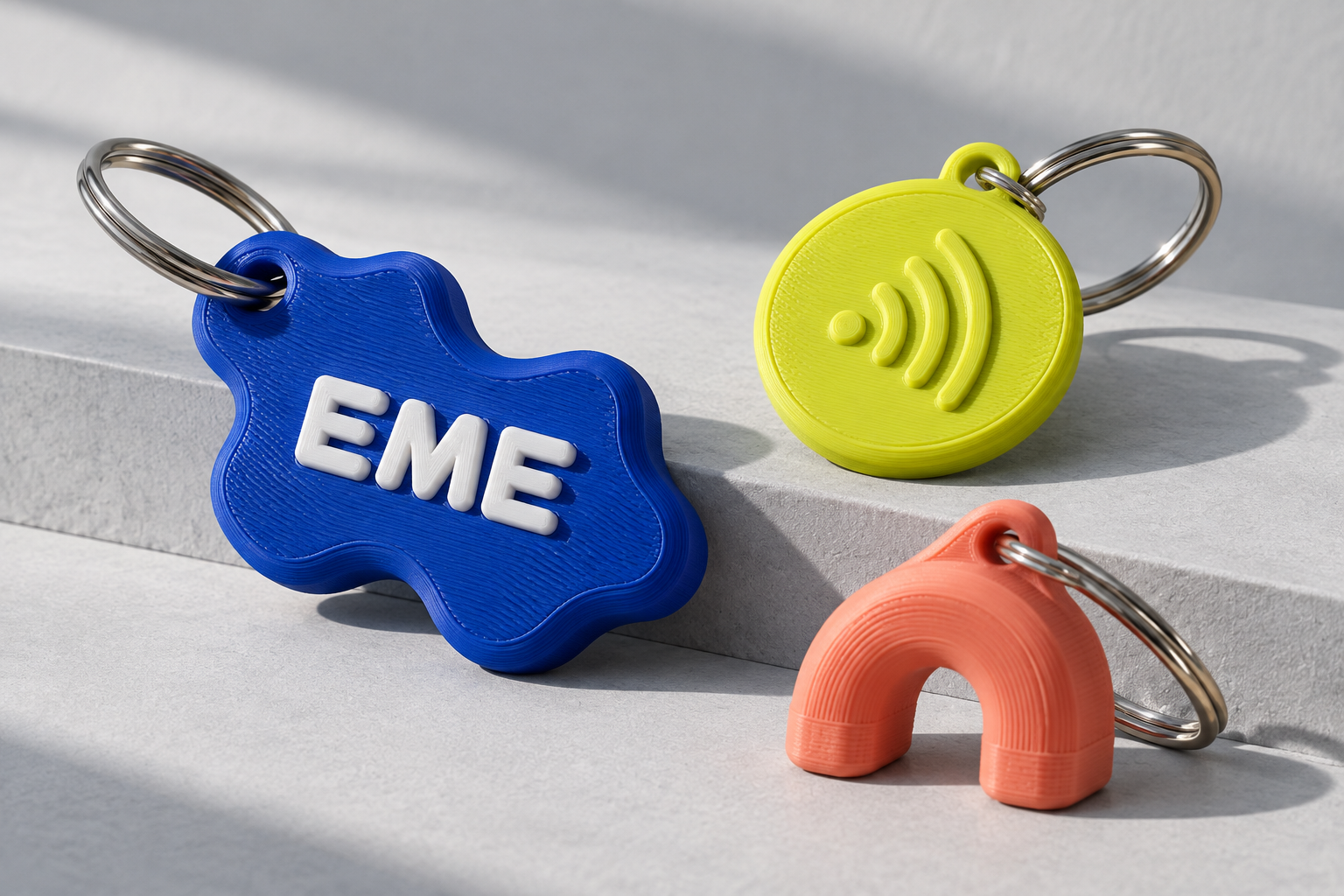 Concepto de llaveros impresos en 3D: logotipo EME azul, ficha NFC amarilla y pieza coral con volumen